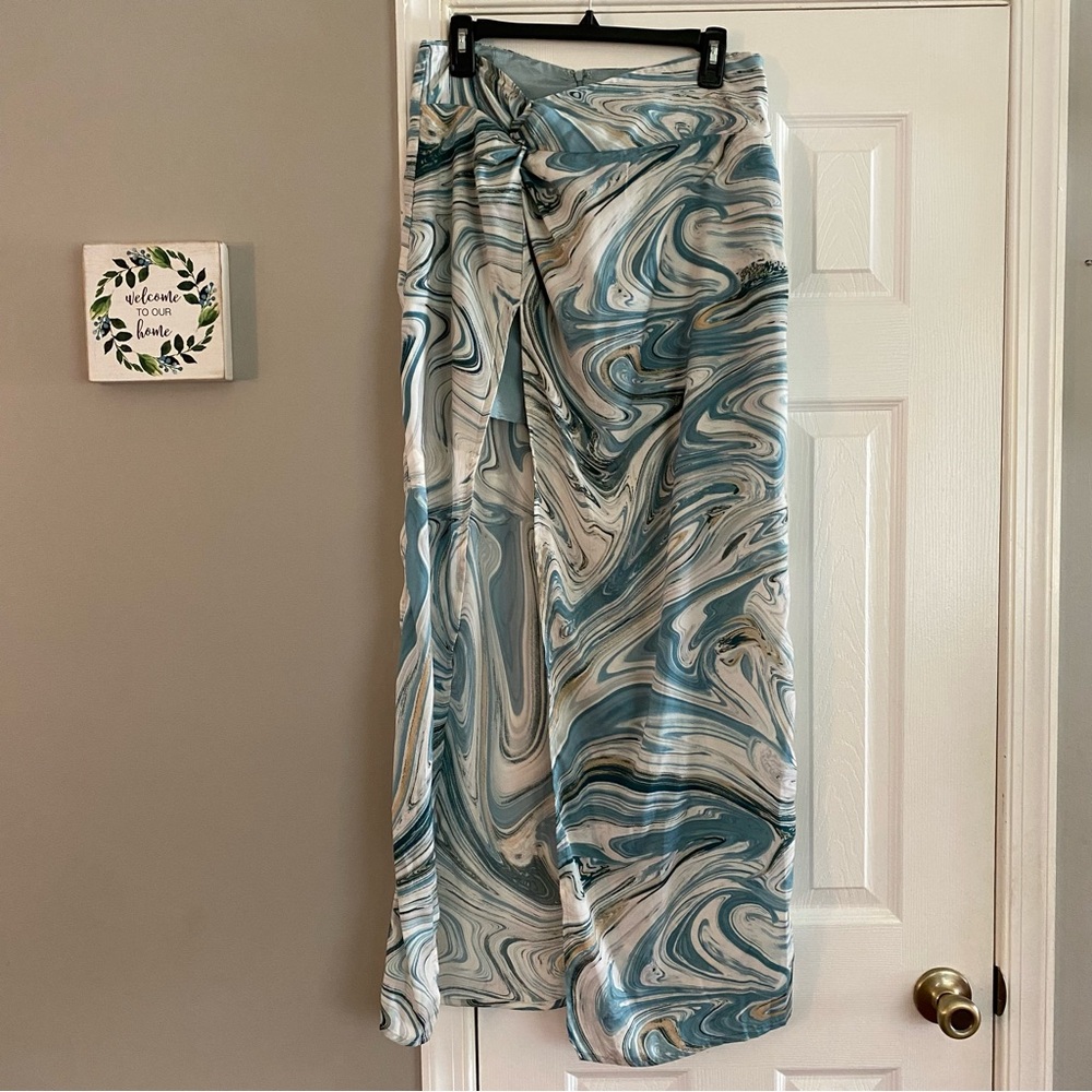 Fashion Nova Marble High Slit Maxi Skirt Twist Knot Front Blue Gold White Medium